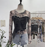 Fongt Shooting Tie-Dye Print Spliced Denim T-Shirt Girl Autumn Design Sense Irregular Hair Side Short-Sleeved Top 2617