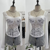 Fongt Shot With Chest Pad Hottie Letter-Print Lace Splicing Mesh T-Shirt T-Shirt 6231