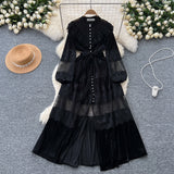 Fongt Dress Women's French Retro Fashion Collar Pearl Single Buckle Lace Splicing Velvet Swoon Long Dress