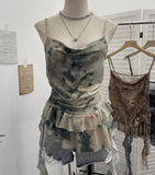 Real Shoot Spice Girl Swing Network Yarn Print Sling Vest Retivating Lotus Leaf Side Ribbon Short Top