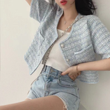 Chic O-neck Double Pockets Coat Women Summer Pearl Button Breasted Jackets Loose Short Sleeve Tweed Jacket-Outfit