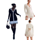 Fongt Bow Tied With Lot Of Leaves Side Of The Knitted Dress Pearl Buckle Long-Sleeved Little Scented Style Dress