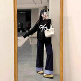 Fongt Blue Roll Edge Design Wide Leg Slack Women 2025 Spring And Autumn High-Waist Loose Straight Straight Trousers