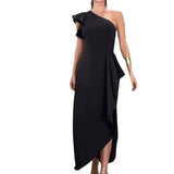 Fongt 2023 New Fashion Solid Color Diagonal Lace Sleeve Slit Sexy Skirt-Outfit