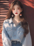 Fongt Niche Design Blouse Hannese Age-Lowish Slim Super-Good Looking Blue Cowboy Splicing Shirt