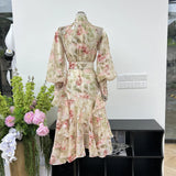 French Gentle Print Collar Lantern Sleeve Single Buckle Lotus Side Waist Dress With Belt