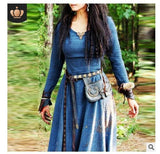 Fongt Autumn And Winter Women Solid Color Waist Long Sleeve Dress Retro National Style Collar