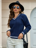 Fongt Women's Temperament V-Neck Long-Sleeved Sweater Fashion Jersey Thread White-Bordered Cuffs Knitted Top