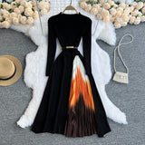 Fongt Knit Splicing Dress Simple Temperament Round Collar Long Sleeve Gradient Slim Thin Long Skirt Woman-Outfit