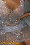 Women Bodycon See Through Mini Dress Glitter Rhinestone Fishnet Grid Spaghetti Strap Low Cut Sleeveless Backless