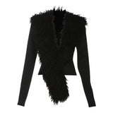 Fongt Women's Clothing 2025 Autumn And Winter New Solid Color Sexy Personality Deep V Hair Collar Splicing Long-Sleeved Top