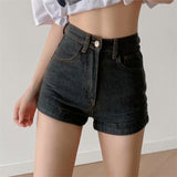 Trendy Women's Wear New Retro High-Waisted Crimped Solid Color Denim Shorts Loose Summer Skinny Buttocks Hot Pants-Outfit