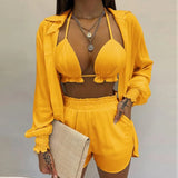 Fongt New Sexy Women's Pure Color Shorts Fashion Three-Piece Set