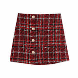 Women 2021 Fashion Double Breasted Tweed Check Blazers Coat Vintage Female Outerwear High Waist Skirt 2-piece