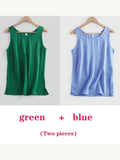 Women's Blouses Cotton and Linen Sleeveless Tops Shirt Female O Neck Summer Solid Green Tunic Blouse Basic