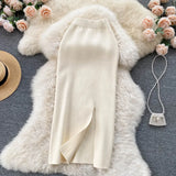Fongt Solid Color Skirt Winter With Sweater High Waist Thin Temperament Open Elastic Knitted Hip Long Skirt