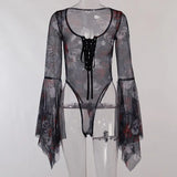 Dark Skull Graphic Emo Mall Gothic Sexy Bodysuits Women Flare Sleeve Mesh See Through Tops Grunge Aesthetic Bandage