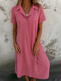 Fongt New Leisure Spring And Summer Loose Short-Sleeved V-Neck Solid Cotton Shirt Dress