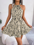 Wind Shooting Spring And Summer Leisure Leopard-Print Lotus Leaf Side Hanging Neck Dress Women's