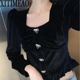 Square Neck Long Sleeve T Shirt Women Sexy Slim Spring Autumn Street Tops Tshirt Sweet Bow Button High Waist