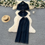 Fongt Light-Cooked Wind Strap To Close Waist Short-Sleeved Cowboy Topess Female High-Waisted Fork Hip Skirt Summer Two-Sleeve