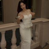Fongt Summer New Ins Temperament Square Collar Lace Lace Jacket High Waist Slim Show Thin Fish Tail Dress Suit