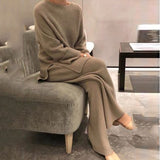 Autumn Knitted Long Sleeve Top Wide Leg Pants Set Casual Korean 2PC Lady O-Neck Sweater Suits Classic Solid Femme