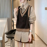 Loose Turn-down Collar Contrasting Colors Shirt Spliced Knitted Fake Two Pieces Autumn Winter Women's Korean Blouse-Outfit
