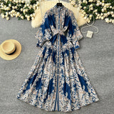 Fongt Style Dress Women's Spring Court Collar Lantern Sleeves To Close The Waist Single Buckle Printing Folded Long Skirt