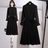 Solid Party Dress Female 2022 Spring Summer New Loose Casual Lotus Leaf Collar Lantern Sleeve Midi Pleated Chiffon
