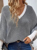 Fongt And Winter New Loose Knitted Stripes V Collar Bat Sleeve Splicing Stuff Sweater Women's Clothing
