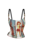 Slim Spaghetti Strap Camisole Graphic Print Tank Top Y2K Female Vintage Fashion Off Shoulder Vest Women's Crop Top