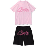 Devil Island Rose Red Letter Printed Short-Sleeved T-Shirt Casual Shorts Set For Men And Women-Outfit