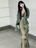 Chinese Style Halo Dyeing Slim Fit Camisole Dresses+ Y2k Ruffles Long Sleeve Green Cardigan Spring Two Piece Sets-Outfit