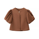 Fongt Bubble Sleeve Single-Button Shirt 2025 Spring And Summer Sweet Round Collar Short Top Female Casual