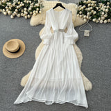 Fongt High-End Temperament Fashion V-Neck Lantern Sleeve Strap To Close Waistguel Dress Female Elegant Long Dress