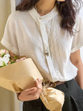Fongt Linen-Based Lilies Design Feel Small Gentle And Comfortable Temperament Asymmetric Collar Short-Sleeved Shirt Woman