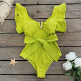Solid-Color One-Piece Swimsuit Women 2025 New All-In-One Lotus Edge Hollow Air Pressure Line
