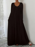 Fongt New Long Dress Casual Loose Short Sleeve Pure Color V Collar Body Size Dress
