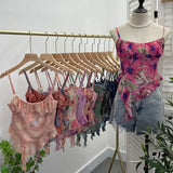 Fongt Shoot 辣tie Bra Irregular Sling Sling Vest Slimming Print Mesh Sleeveless Top 8950
