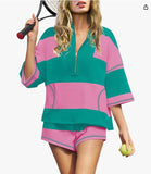 Fongt Spring And Summer New Women's Striped Half-Sleeved Oversized Shorts Casual Sportswear Two Sets