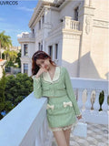 Winter Sweet Tweed Plaid Skirt Sets Women Cute Bow Woolen Jackets Mini Skirts Green Elegant Suit Female New 2 Pieces Sets-Outfit