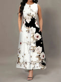Fongt And Summer Explosion Print Slings Large-Size Dress Flower Pocket Necking A-Character Dress Women's Clothing