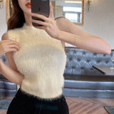 Korean Sexy Slim Sleeveless Vest Vintage Soft Mink Fleece Knit Pullovers Crop Sweater Vest Womne Female Tops-Outfit