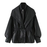Fongt Fashion Collar Design Lantern Sleeve Imitation Leather Jacket Woman In Autumn 2025