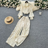 Fongt Light Luxury Heavy Lace Splicing Temperament Long-Sleeved Shirt Tight High Waist Thin Broad Leg Trousers Two Sets Of Women