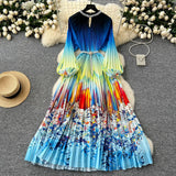 Fongt Elegant Dress Women Fashion Nail Ball Collar Hollow Pressure Folding Lantern Sleeves To Print Long Skirt