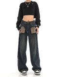 Fongt New Niche Design Contrast Jeans Women's High Street Blue Fur Mop Wide Leg Pants-Outfit