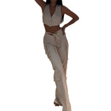 Fongt 2023 New Solid Color Short Crop Vest Low Waist Band Pants Suit-Outfit