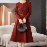 Fongt And Autumn 2025 Luxury Temperament Orange Red Design Sense V Collar Long-Sleeved Dress Elegant Commute Fashion Long Dress